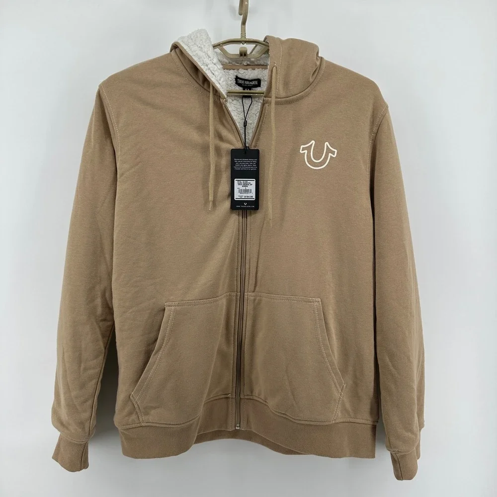 $164 NWT True Religion Mens LG True Sherpa Full Zip Hoodie Travertine Tan Buddha